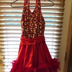 Red and gold sequined dance dress.